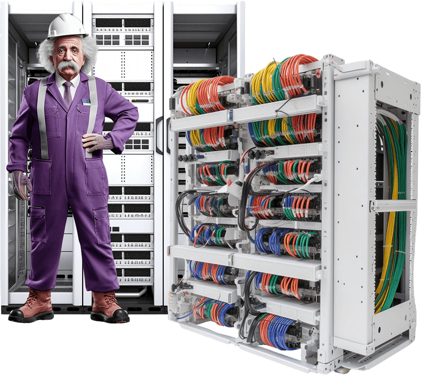 Albert Einstein standing in front of rack servers.