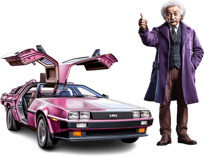 Albert Einstein giving a thumbs up standing beside a DeLorean time machine.
