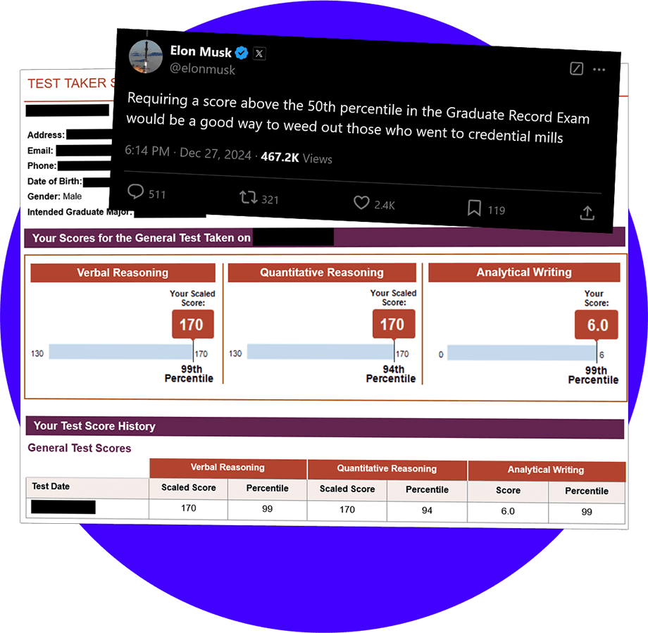 High GRE scores in graphic image frame with Elon Musk tweet about GRE high score.
